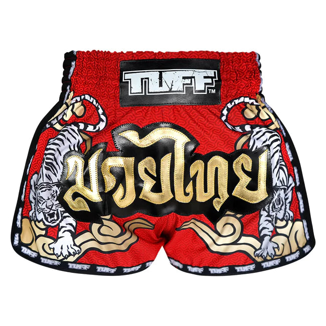 TUFF Kids Muay Thai Shorts Retro Style Double Tiger Red