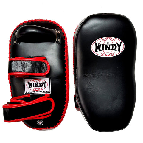 Windy Sport Curved Leather Thai Kick Pads KP-8 Medium Velcro Black/Red