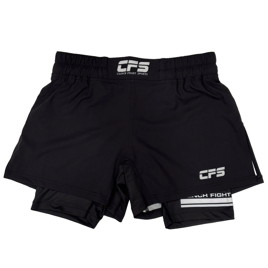 Clinch Fight Shorts CFS 2 in 1 Combo High Cut MMA Shorts Black