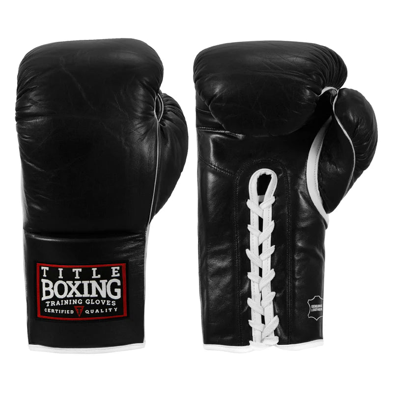 TITLE Boxing Old School Leather Lace-Up Sparring Gloves Black