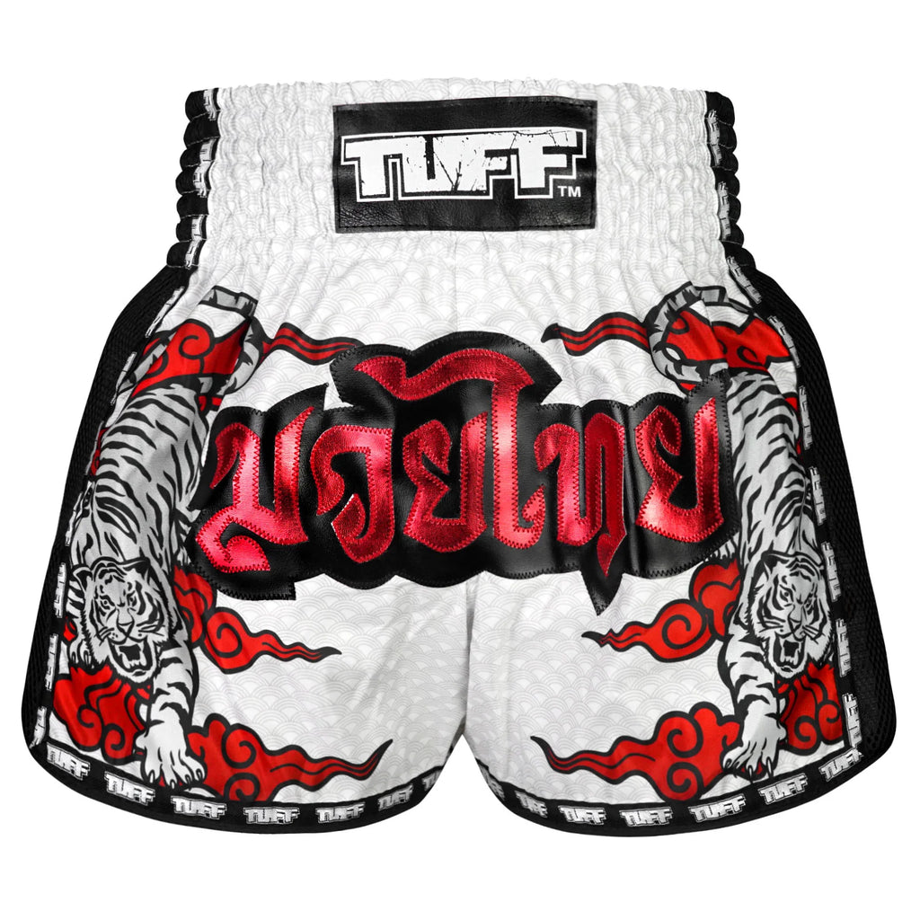 TUFF Kids Muay Thai Shorts Retro Style Double Tiger White