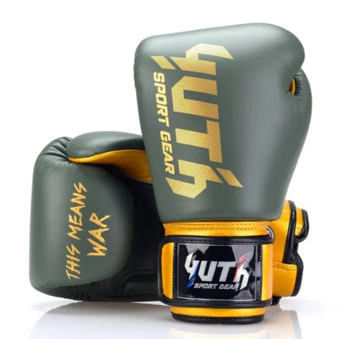 Yuth Sport Gear Muay Thai Boxing Gloves Gold Line Army Green