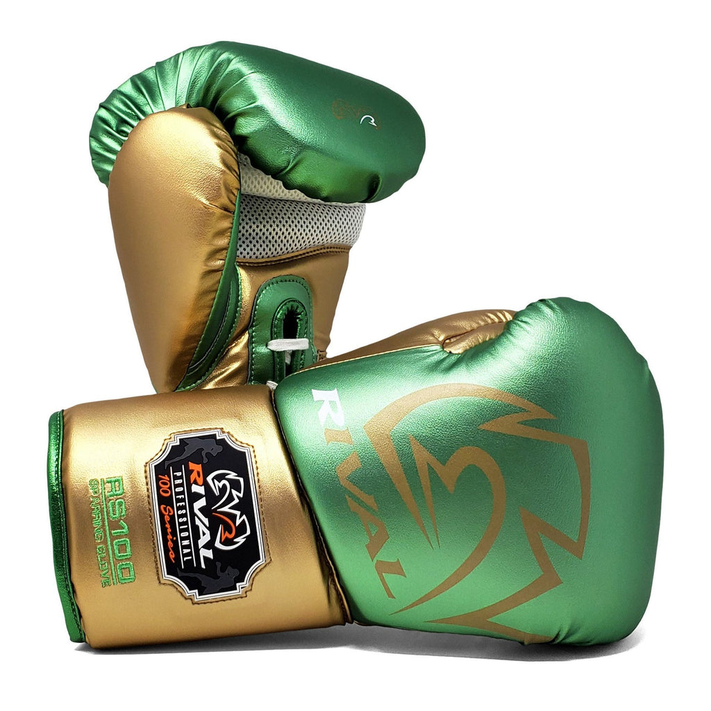 Rival Boxing RS100 Professional Sparring Lace Up Gloves Green Gold The Clinch Fight Shop