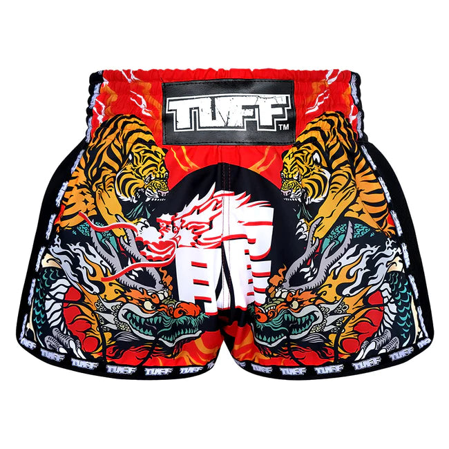 TUFF Muay Thai Shorts Retro Style Red Chinese Dragon & Tiger