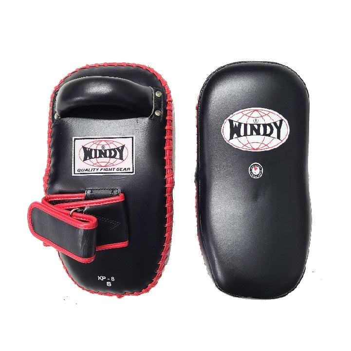 Windy Curved Leather Thai Kick Pads KP-8 Small Velcro Black/Red